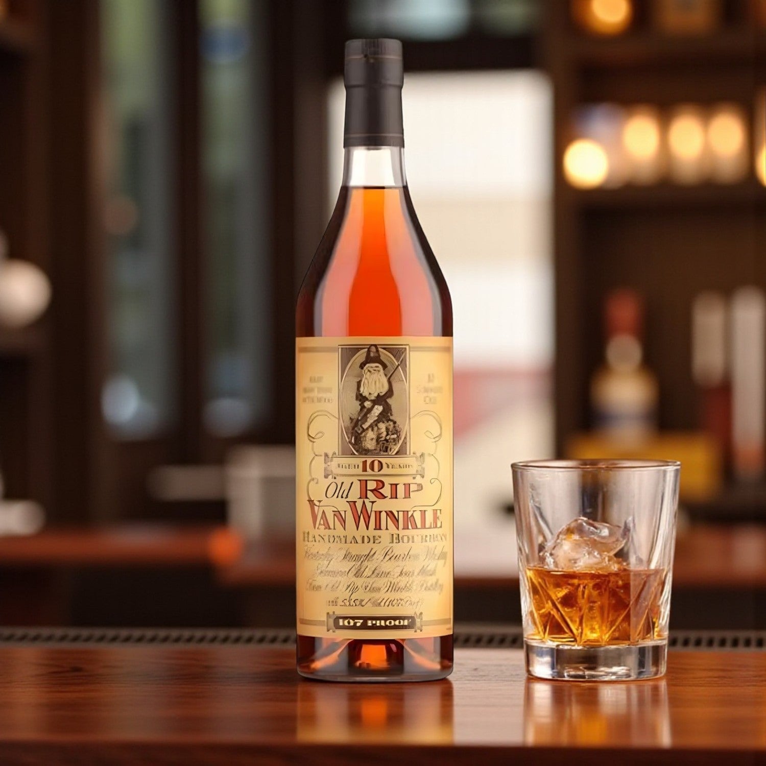 Old Rip Van Winkle 10 Year Bourbon bottle on wooden bar beside glass of bourbon on ice with warm lighting – lifestyle shot from Total Bourbon