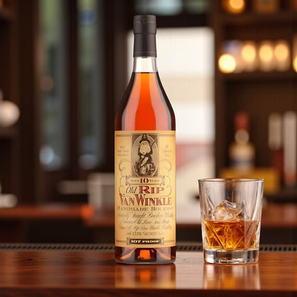 Old Rip Van Winkle 10 Year Bourbon bottle on wooden bar beside glass of bourbon on ice with warm lighting – lifestyle shot from Total Bourbon