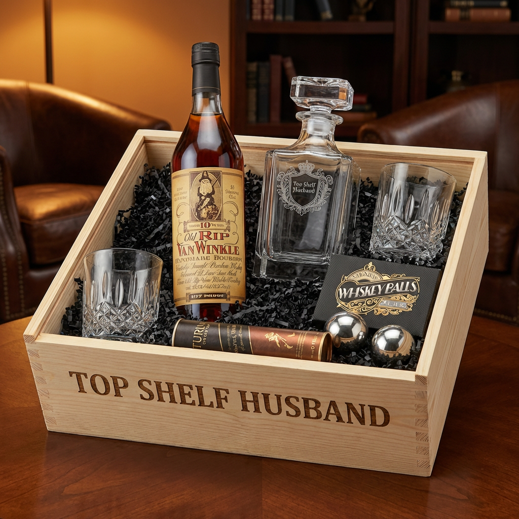 Old Rip Van Winkle 10 Year Bourbon Top Shelf Husband Gift Crate in natural wood with burned lettering, featuring "Top Shelf Husband" etched crystal decanter with royal crest design, two crystal cut old fashioned glasses, Whiskey Balls XXL stainless steel ice spheres, and Turin bourbon chocolates with warm masculine ambient lighting