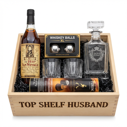 Old Rip Van Winkle 10 Year Bourbon "Top Shelf Husband" Gift Crate featuring engraved decanter, two crystal-cut old-fashioned glasses, stainless-steel whiskey balls with freezer tray, and Turin liquor-filled chocolates in an engraved wooden crate