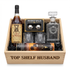 Old Rip Van Winkle 10 Year Bourbon "Top Shelf Husband" Gift Crate featuring engraved decanter, two crystal-cut old-fashioned glasses, stainless-steel whiskey balls with freezer tray, and Turin liquor-filled chocolates in an engraved wooden crate