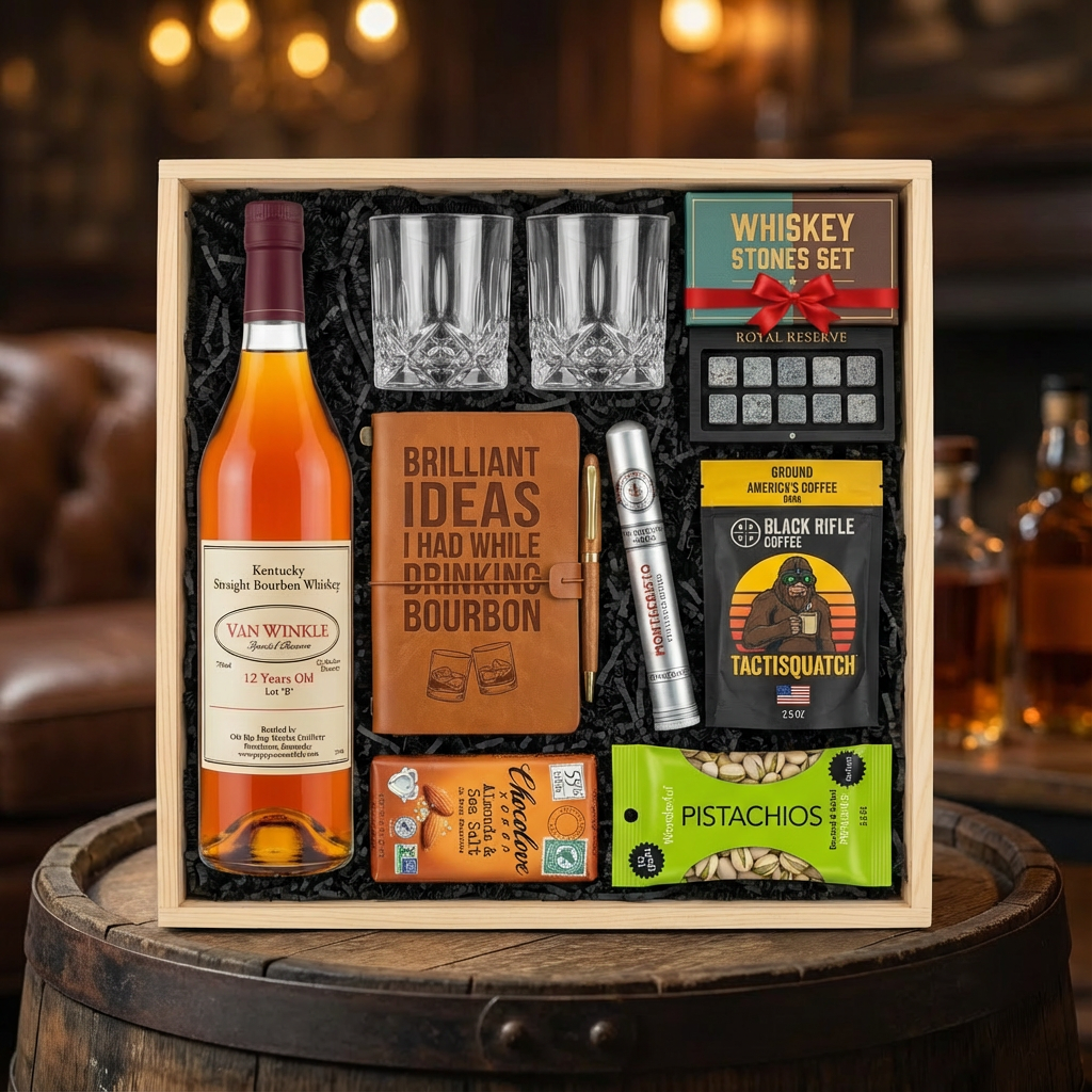 Pappy Van Winkle 12 Year Lot B Top Shelf gift crate with bourbon journal, Montecristo Platinum cigar, Black Rifle Coffee, Chocolove chocolate, Wonderful Pistachios, crystal glasses, and Royal Reserve whiskey stones nestled in black zigzag crinkle paper inside wooden crate on rustic aged oak surface with warm ambient bourbon bar lighting