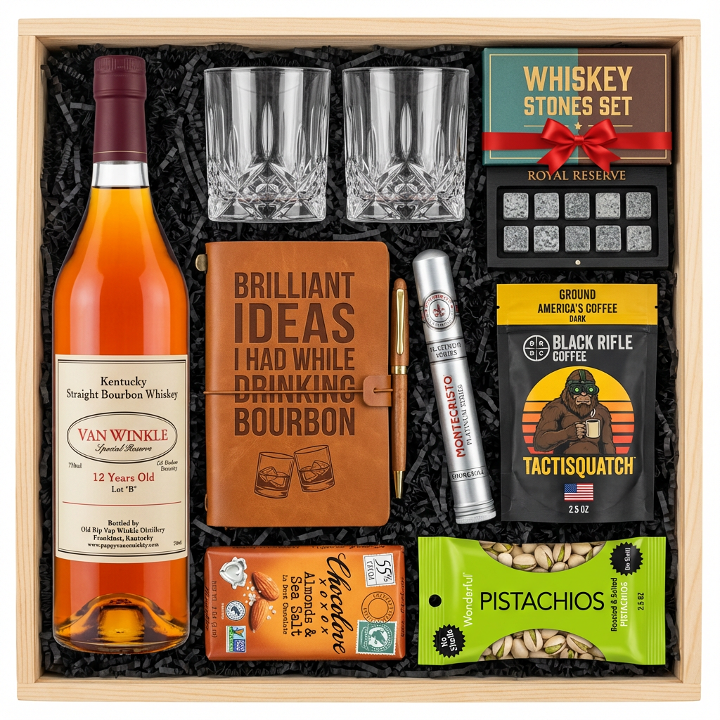 Pappy Van Winkle 12 Year Lot B Top Shelf gift crate with burgundy cap bottle, crystal-cut old fashioned glasses, Royal Reserve whiskey stones set with tray, faux-leather bourbon journal and pen set, Montecristo Platinum cigar tube, Black Rifle Coffee Tactisquatch blend, Chocolove Almonds &amp; Sea Salt dark chocolate bar, and Wonderful Pistachios all nestled in black zigzag crinkle paper inside wooden crate on white background