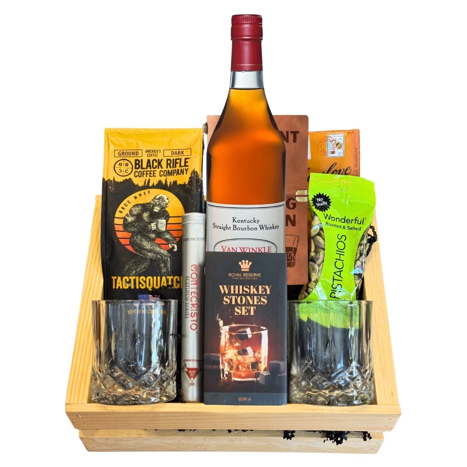 Pappy Van Winkle 12 Year Lot B Top Shelf Gift Crate on white background – includes bourbon, glasses, journal, coffee, chocolate, pistachios, and cigar – available at Total Bourbon