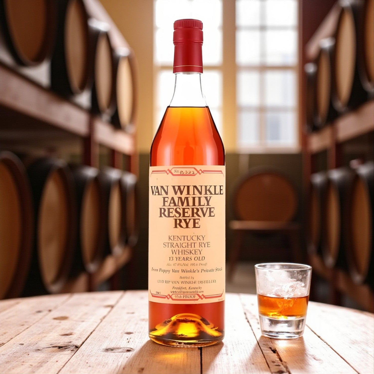 Pappy Van Winkle Family Reserve 13 Year Straight Rye Whiskey bottle on rustic wooden table beside glass of rye in bourbon barrel warehouse – lifestyle shot from Total Bourbon
