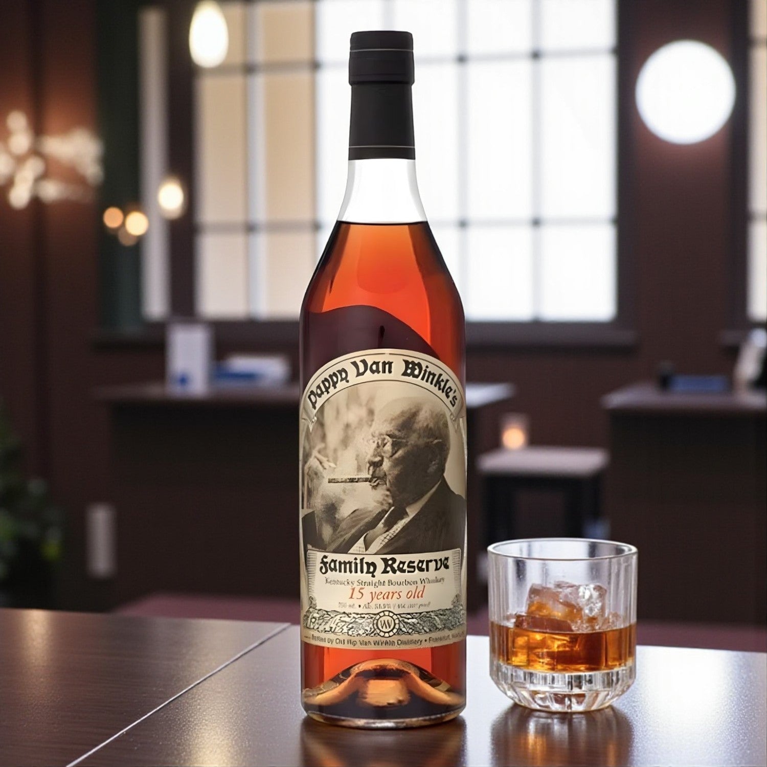 Pappy Van Winkle Family Reserve 15 Year Bourbon bottle on polished wooden table beside glass of bourbon with ice – lifestyle shot from Total Bourbon