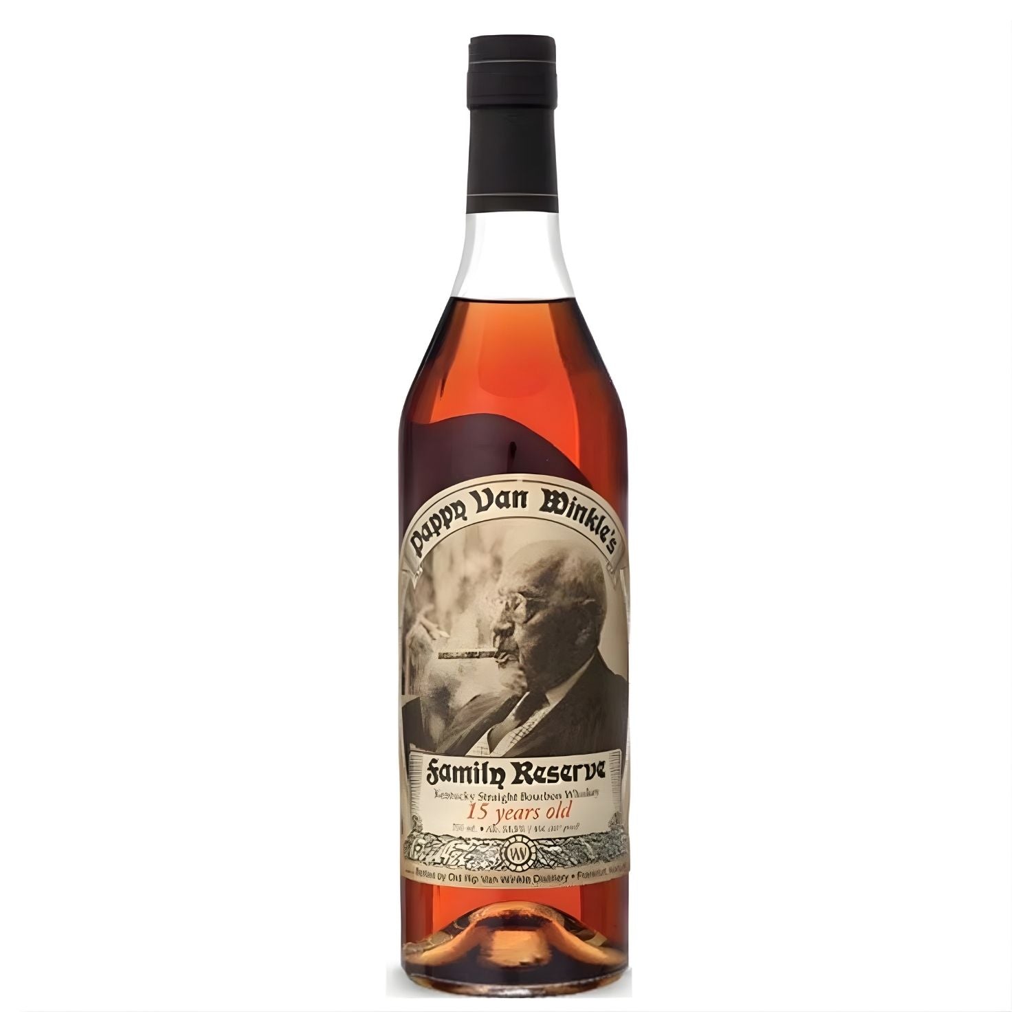 Pappy Van Winkle Family Reserve 15 Year Kentucky Straight Bourbon Whiskey 750ml bottle on white background – available at Total Bourbon