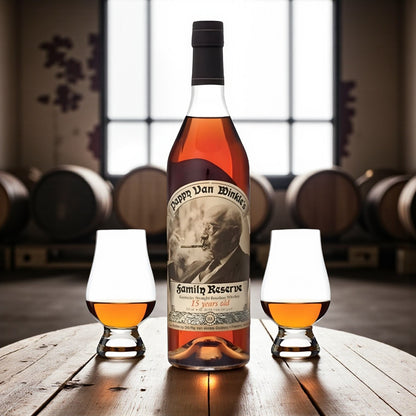 Pappy Van Winkle Family Reserve 15 Year Bourbon Gift Set with two Glencairn glasses on wooden barrel table in bourbon warehouse – lifestyle shot from Total Bourbon