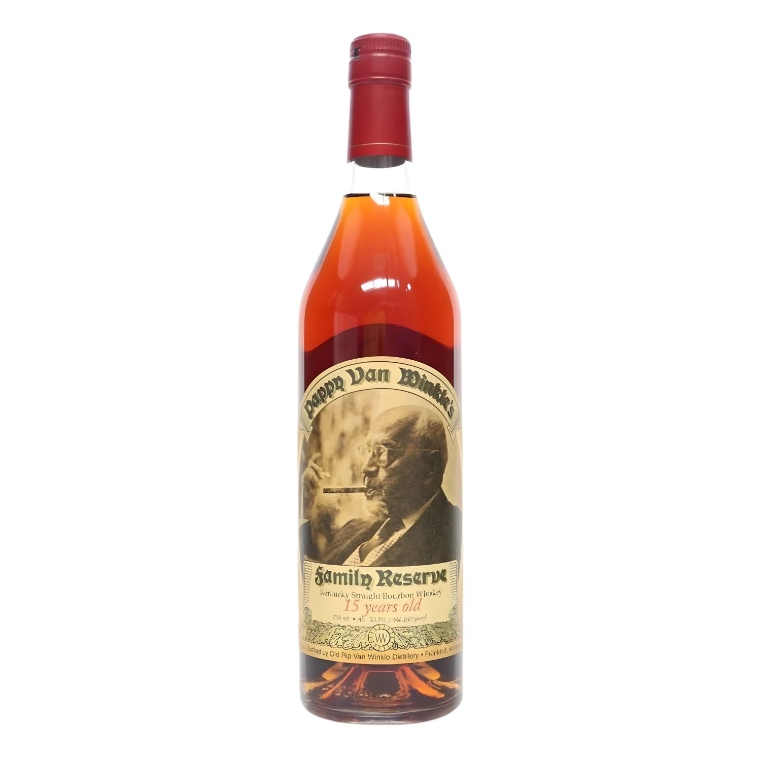 Pappy Van Winkle Family Reserve 15 Year Bourbon Whiskey Santa Edition 750ml bottle on white background – available at Total Bourbon