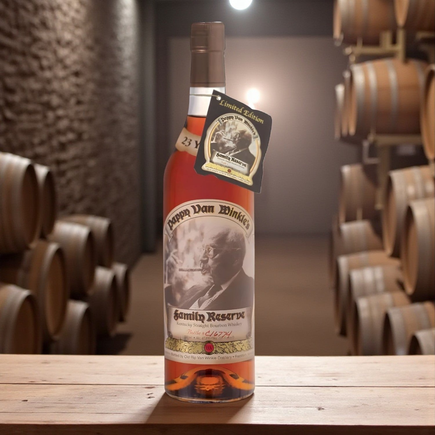 Pappy Van Winkle Family Reserve 23 Year Bourbon bottle with Limited Edition tag on wooden table in bourbon barrel warehouse – lifestyle shot from Total Bourbon