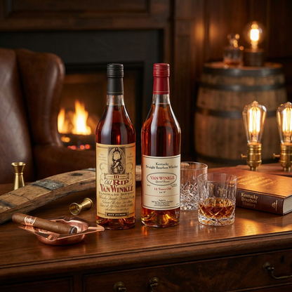 Pappy Van Winkle bourbon duo lifestyle scene featuring Old Rip Van Winkle 10 Year Handmade Bourbon with tan vintage label and Van Winkle Special Reserve 12 Year Lot B with white label displayed together with crystal bourbon glasses on rich dark wood surface in rustic-luxe bourbon den setting with warm ambient lighting.