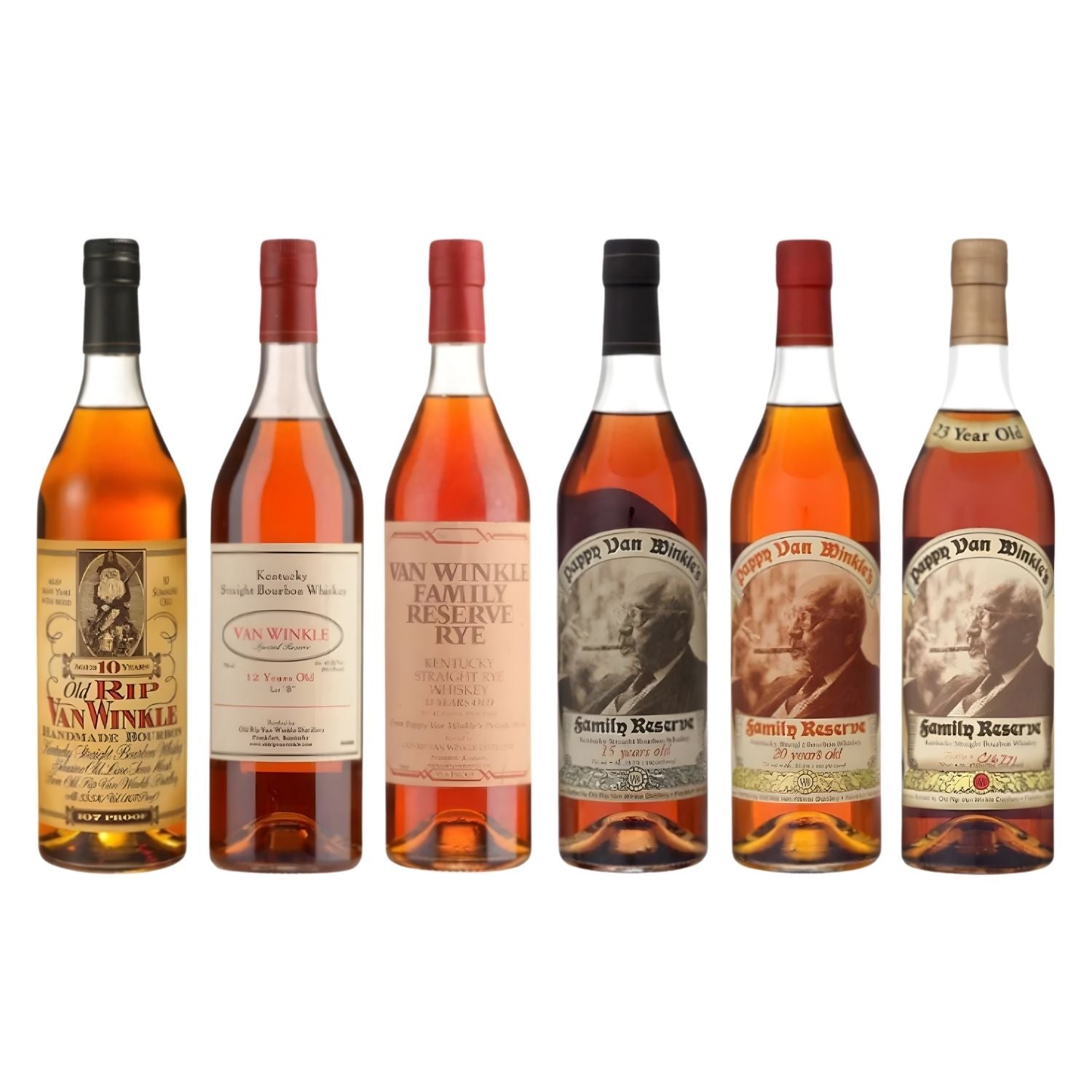 Pappy Van Winkle Complete Lineup: Old Rip Van Winkle 10yr, Van Winkle 12yr, Family Reserve Rye, Pappy 15yr, 20yr, and 23yr bourbon bottles 750ml