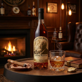 Pappy Van Winkle's Family Reserve 15 Year Old Kentucky Straight Bourbon Whiskey lifestyle scene featuring bottle with vintage sepia portrait label displayed with crystal bourbon glass on rich dark wood surface in luxurious bourbon den setting with warm ambient fireplace lighting and leather wingback chair.