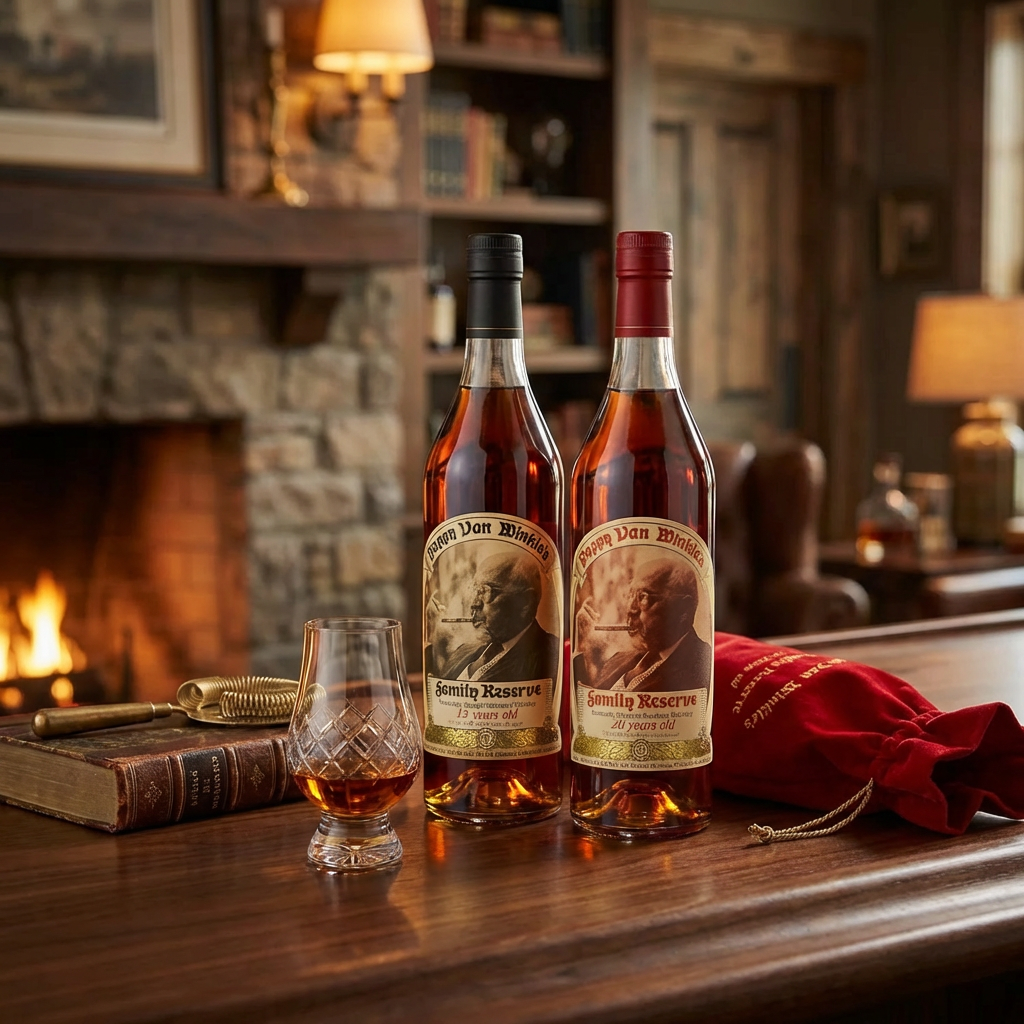 Pappy Van Winkle Family Reserve Duo featuring 15 Year and 20 Year Kentucky Straight Bourbon Whiskey bottles with red velvet gift bag, displayed on a walnut bar with crystal glassware – 750ml collector&