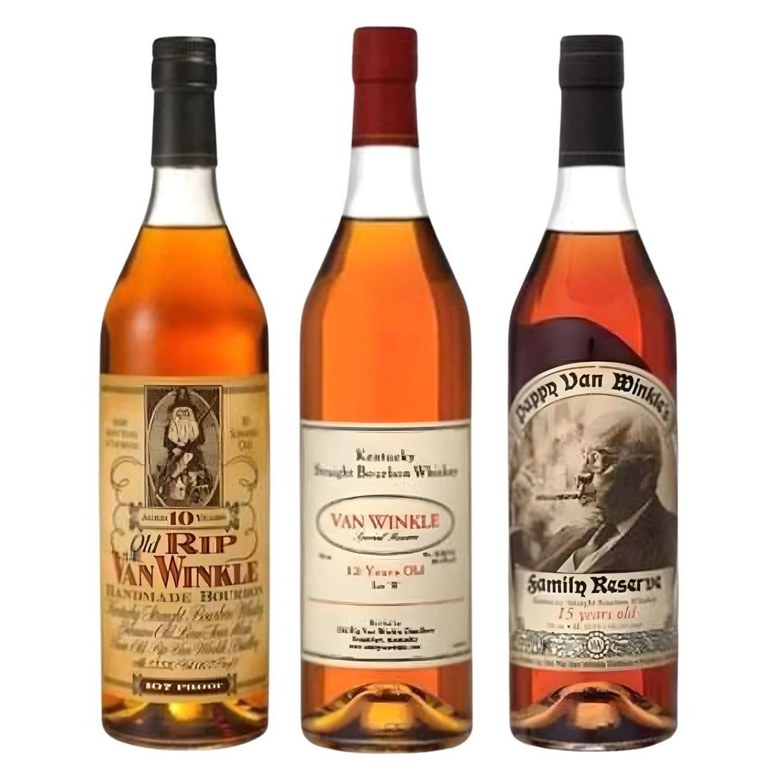 Pappy Van Winkle Starter Pack: Old Rip Van Winkle 10-year, Van Winkle 12-year Lot B, and Pappy Van Winkle Family Reserve 15-year bourbon bottles on white background