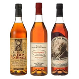 Pappy Van Winkle Starter Pack: Old Rip Van Winkle 10-year, Van Winkle 12-year Lot B, and Pappy Van Winkle Family Reserve 15-year bourbon bottles on white background