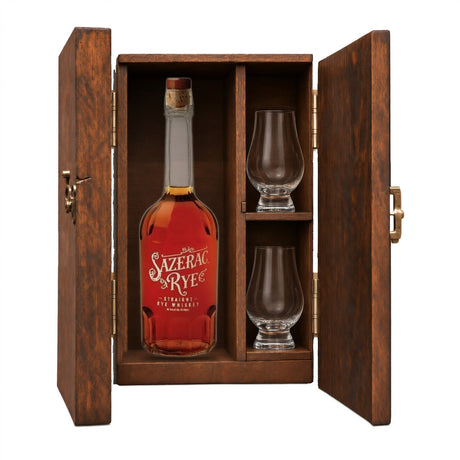 Sazerac Straight Rye Whiskey 750ml bottle in a wooden gift box with two Glencairn whiskey glasses