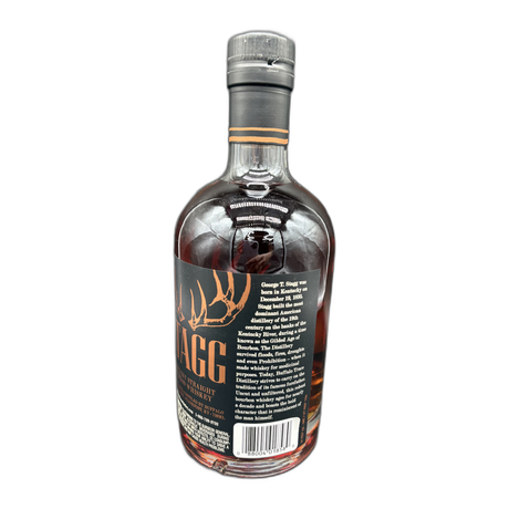 Back label of Stagg Batch 25B uncut bourbon, 750ml, with Buffalo Trace details and 63.45% ABV.