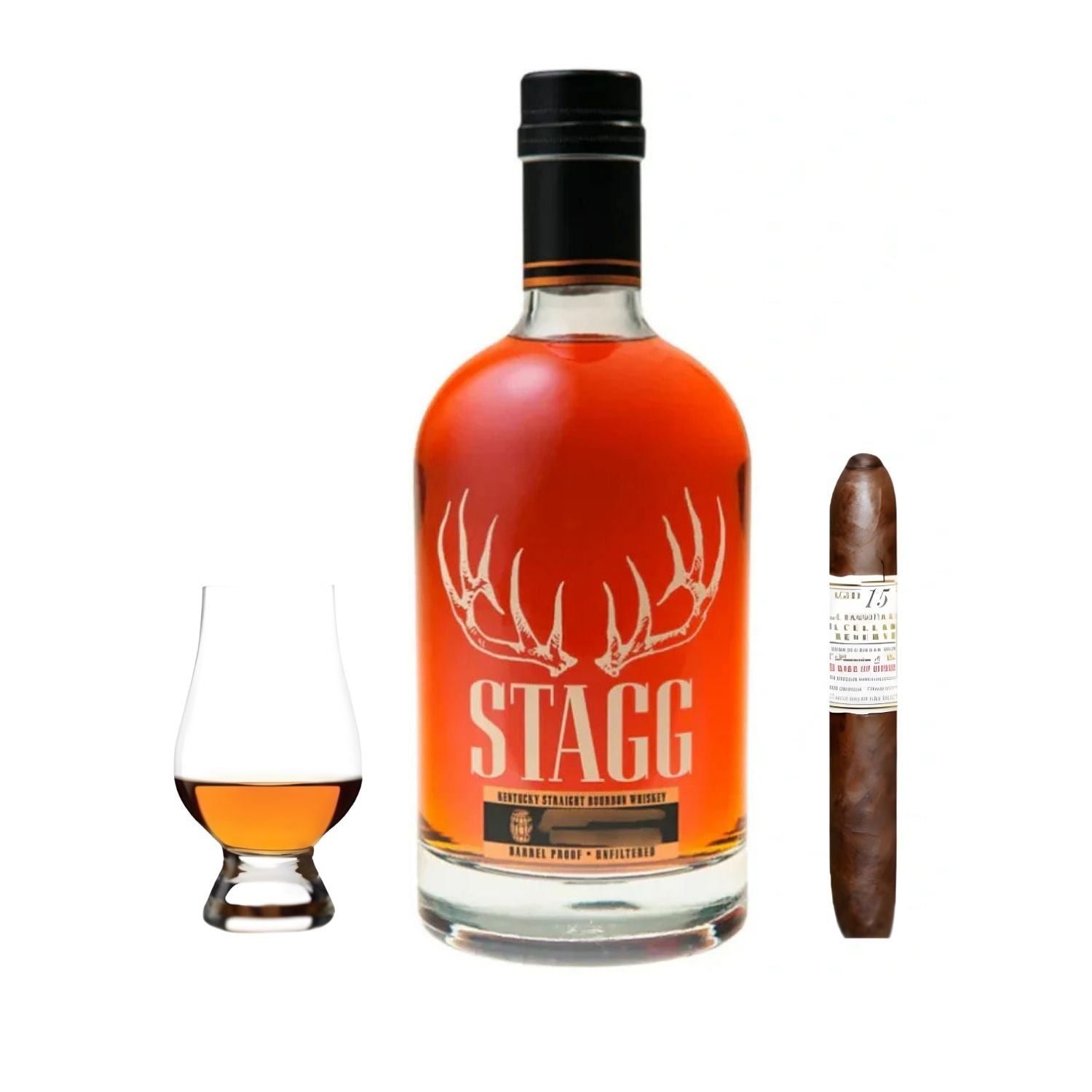 Stagg Batch Kentucky Straight Bourbon Whiskey 750ml bottle with Liga Undercrown Maduro premium cigar and Glencairn whisky glass, bourbon gift set from Buffalo Trace Distillery