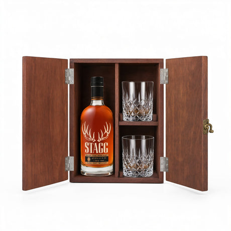 Stagg Bourbon Batch 25C Gift Set with Wooden Box & 2 Crystal Glasses – 750ml
