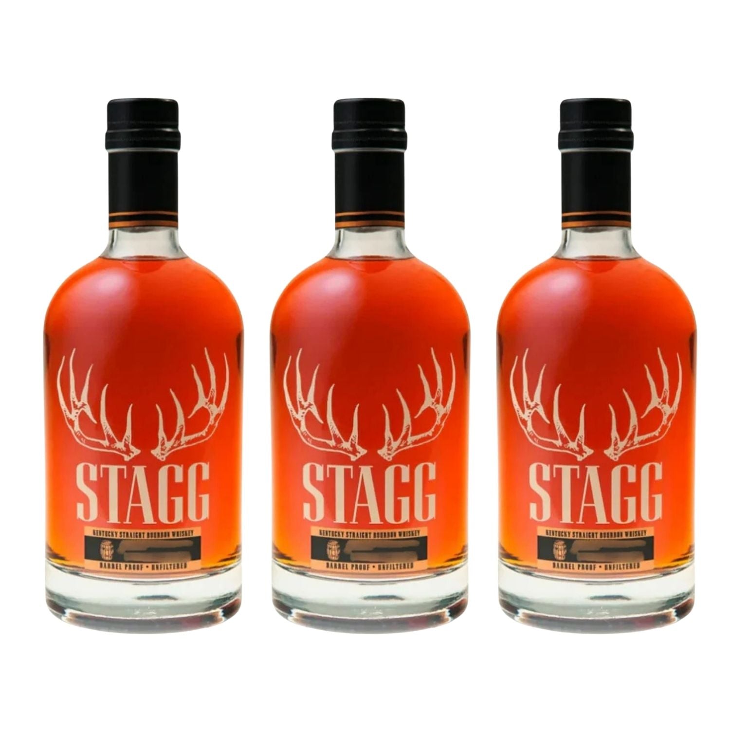 Stagg Kentucky Straight Bourbon Whiskey Batches 25B, 25C, and 25D uncut unfiltered trio bundle three 750ml bottles
