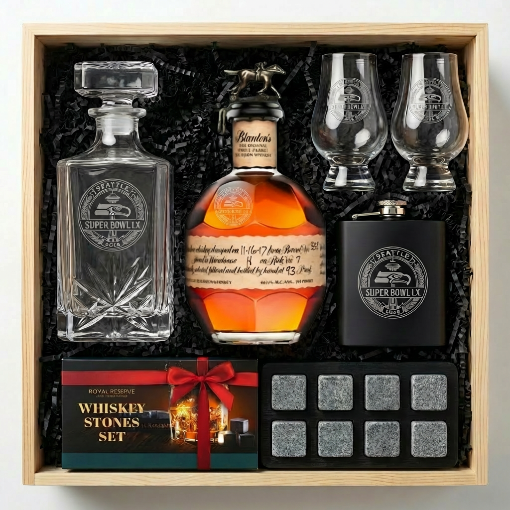 Super Bowl LX Seattle Seahawks Championship Bourbon Gift Crate featuring custom engraved Blanton&