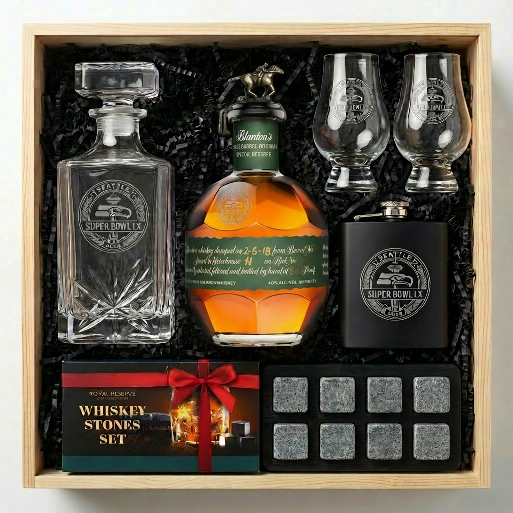 Super Bowl LX Seattle Seahawks Championship Bourbon Gift Crate featuring custom engraved Blanton&