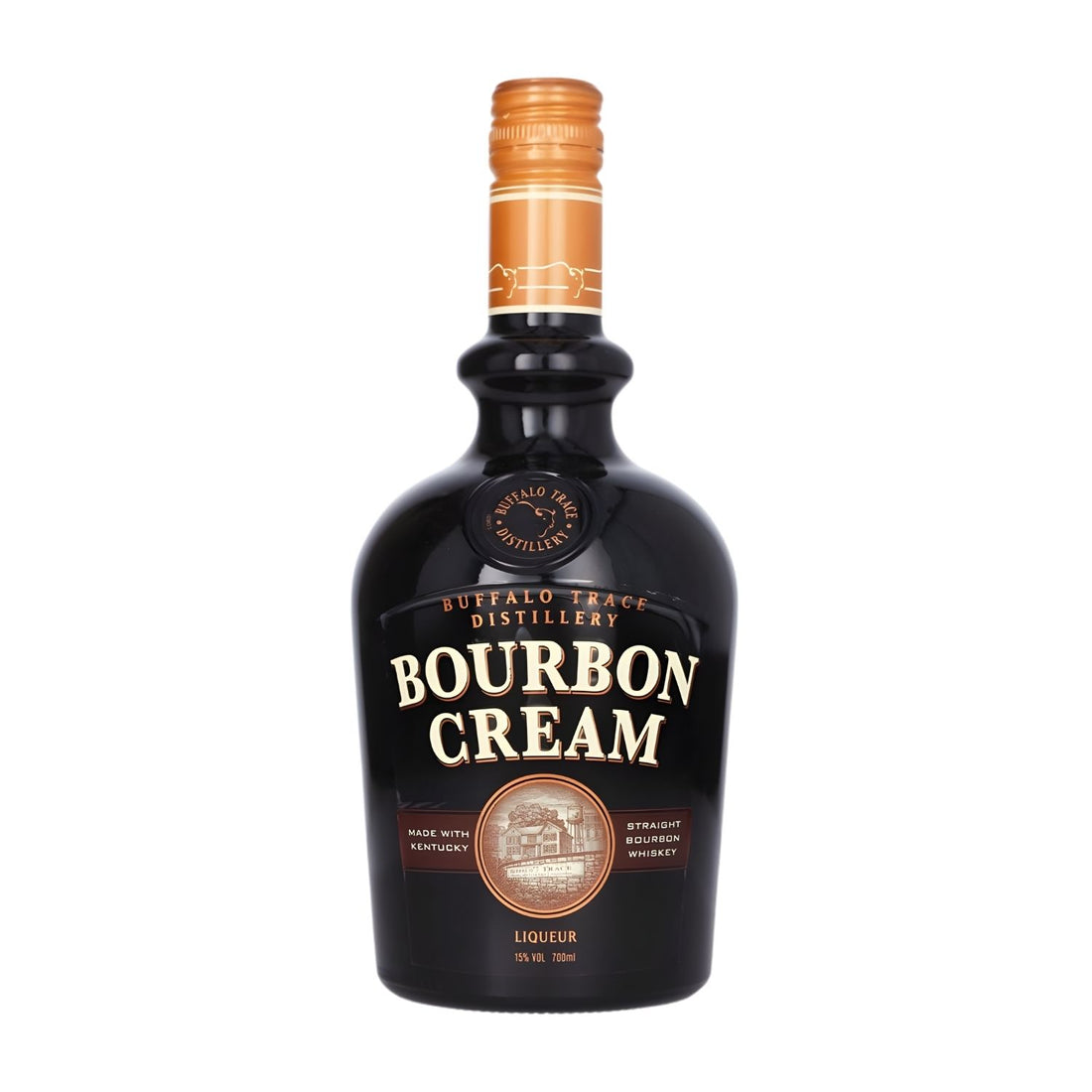 Buffalo Trace Bourbon Cream Liqueur 750ml bottle on white background, rich Kentucky cream liqueur made with Buffalo Trace bourbon