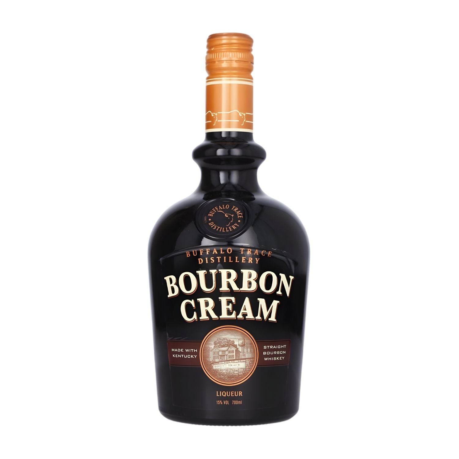 Buffalo Trace Bourbon Cream Liqueur 750ml bottle on white background, rich Kentucky cream liqueur made with Buffalo Trace bourbon