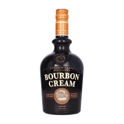 Buffalo Trace Bourbon Cream Liqueur 750ml bottle on white background, rich Kentucky cream liqueur made with Buffalo Trace bourbon