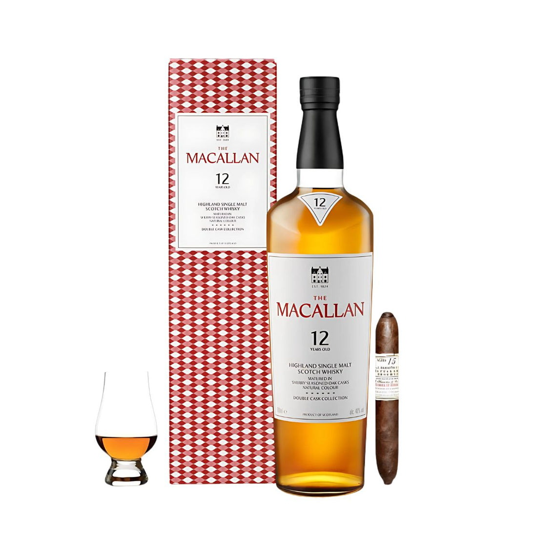 The Macallan 12 Year Double Cask Scotch Gift Set with Gurkha Cigar and Glencairn Glass 750ml