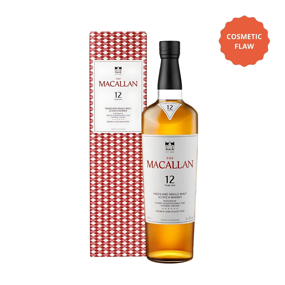The Macallan 12 Year Double Cask Single Malt Scotch Whisky 750ml bottle, American and European sherry oak aged Speyside whisky, Bloopers cosmetic flaw discount bottle