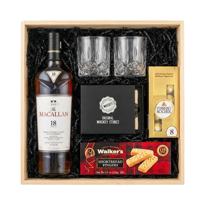 The Macallan 18 Year Double Cask Single Malt Scotch Whisky 750ml gift crate with crystal-cut old fashioned glasses, premium whiskey stones, Ferrero Rocher chocolates, and Walker&