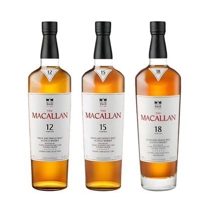 The Macallan Double Cask Bundle featuring 12 Year, 15 Year Double Oak, and 18 Year Double Cask Single Malt Scotch Whisky 750ml bottles, all matured in American and European sherry-seasoned oak casks from Speyside Scotland