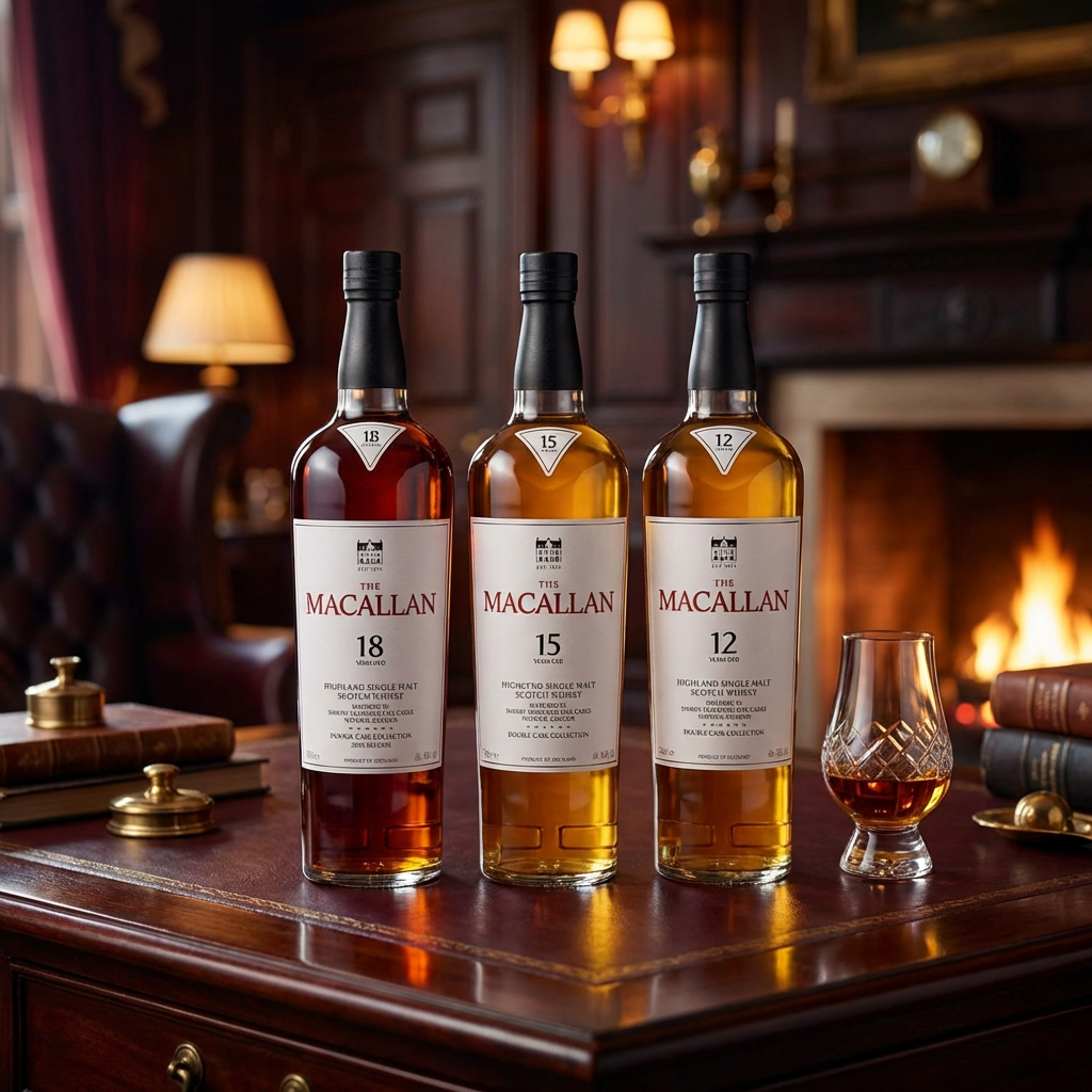 The Macallan Double Cask Collection trio lifestyle scene featuring 12, 15, and 18 Year Old Highland Single Malt Scotch Whisky bottles with black caps and white labels displayed together with crystal whisky glasses on rich mahogany surface in upscale Scottish manor setting with warm ambient lighting.