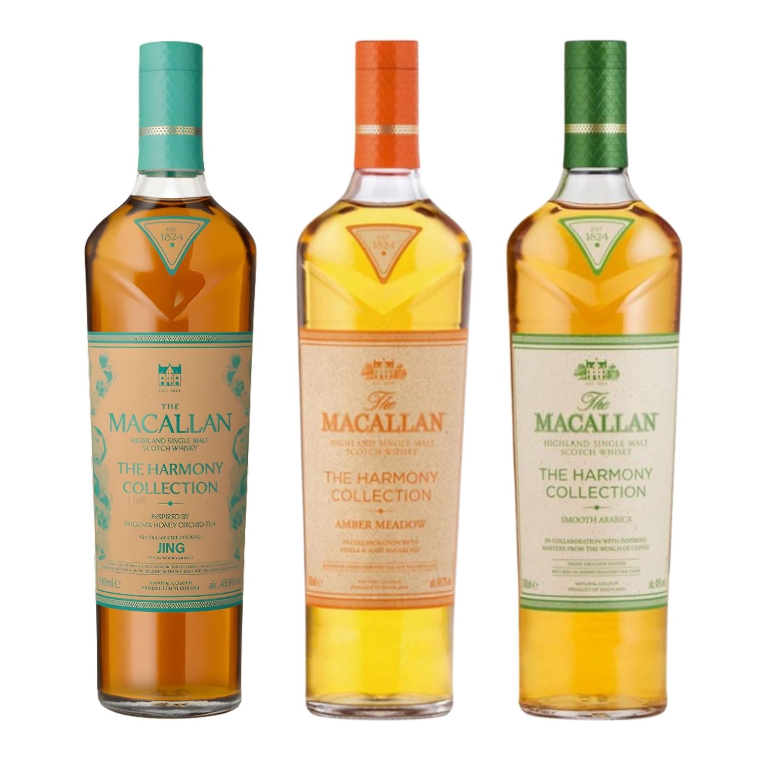 The Macallan Harmony Collection Trio bundle featuring Amber Meadow 750ml, Phoenix Honey Orchid Tea 750ml, and Smooth Arabica 700ml limited-edition single malt Scotch whiskies with sustainable packaging from Speyside Scotland