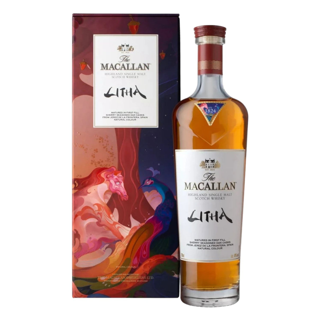 The Macallan Litha Highland Single Malt Scotch Whisky 700ml bottle with solstice-inspired packaging, aged in first-fill sherry-seasoned oak casks from Spain