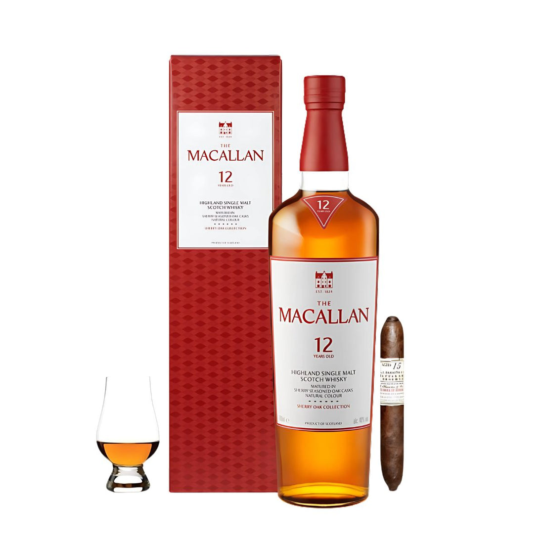 The Macallan 12 Year Sherry Oak Single Malt Scotch Whisky Gift Set with Gurkha Cigar and Glencairn Glass 750ml
