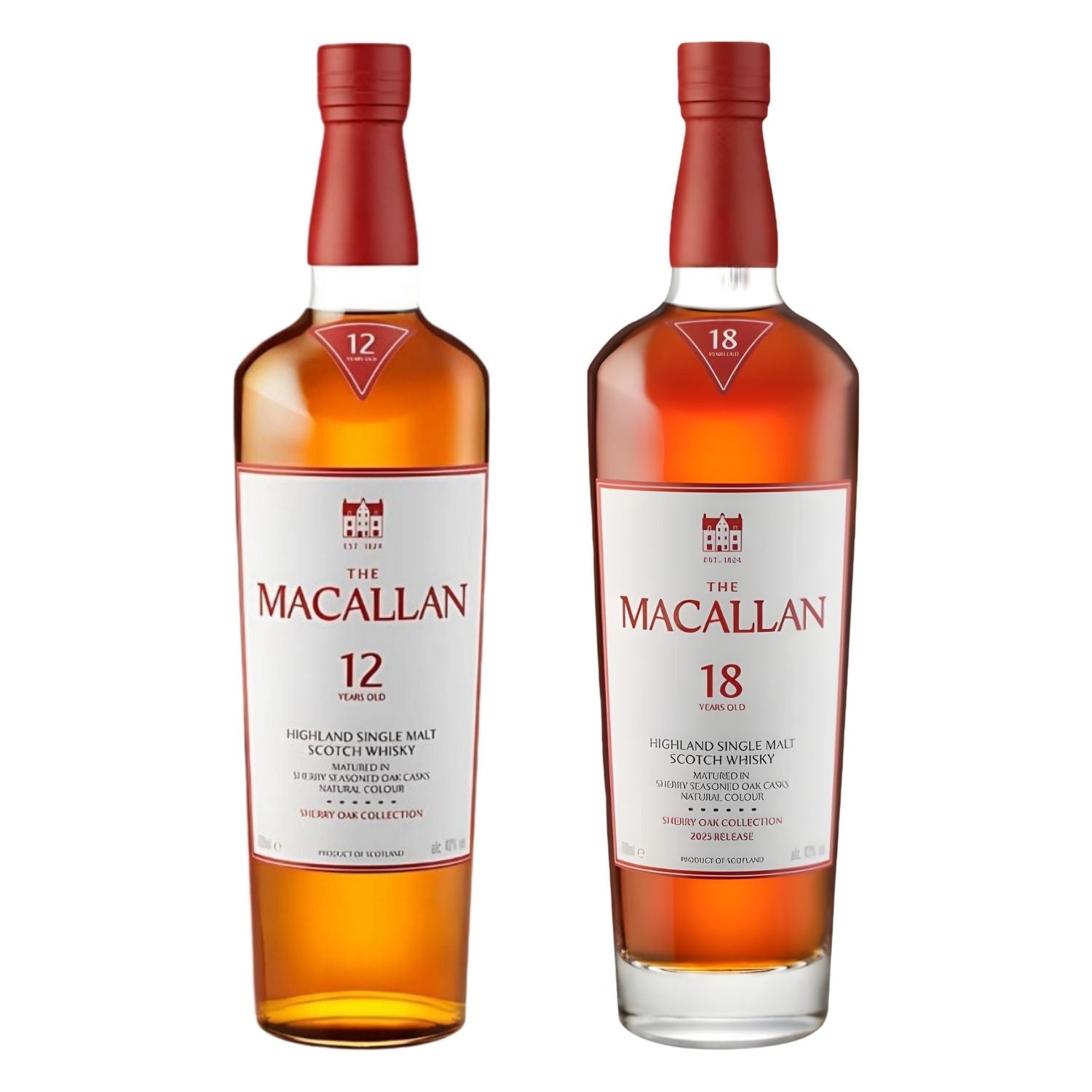 The Macallan Sherry Oak Bundle featuring 12 Year and 18 Year Single Malt Scotch Whisky 750ml bottles, both matured in sherry-seasoned European oak casks from Speyside Scotland