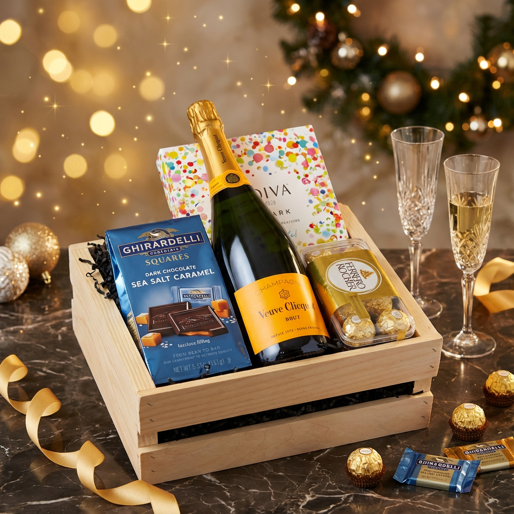 Veuve Clicquot Brut Champagne with iconic yellow label in wooden gift crate with Ghirardelli Sea Salt Caramel chocolates, Godiva celebration box, and Ferrero Rocher displayed with festive gold bokeh lights and celebratory decor