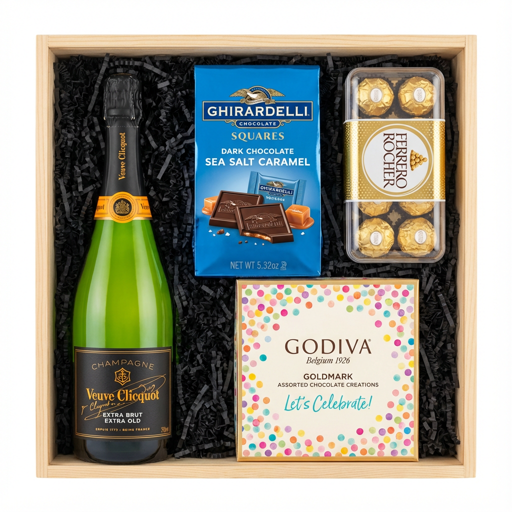 Veuve Clicquot Extra Brut Extra Old Champagne gift crate with black label and orange foil, Ghirardelli Dark Chocolate Sea Salt Caramel squares, Godiva Let's Celebrate chocolate box, and Ferrero Rocher chocolates in black crinkle paper on white background