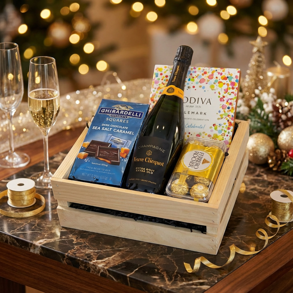 Veuve Clicquot Extra Brut Extra Old Champagne with black label and orange foil in wooden gift crate with Ghirardelli Sea Salt Caramel chocolates, Godiva celebration box, and Ferrero Rocher displayed with festive gold bokeh lights and celebratory decor