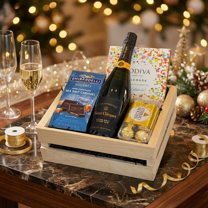 Veuve Clicquot Extra Brut Extra Old Champagne with black label and orange foil in wooden gift crate with Ghirardelli Sea Salt Caramel chocolates, Godiva celebration box, and Ferrero Rocher displayed with festive gold bokeh lights and celebratory decor