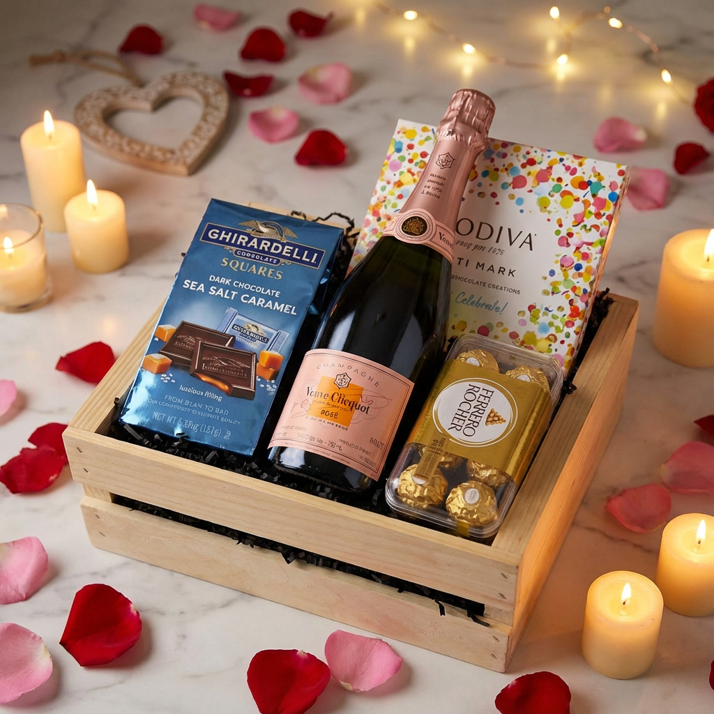 Veuve Clicquot Rosé Champagne chocolate celebration gift crate with Ghirardelli Dark Chocolate Sea Salt Caramel squares, Godiva celebration chocolates, and Ferrero Rocher in wooden crate surrounded by rose petals, glowing candles, and romantic Valentine&