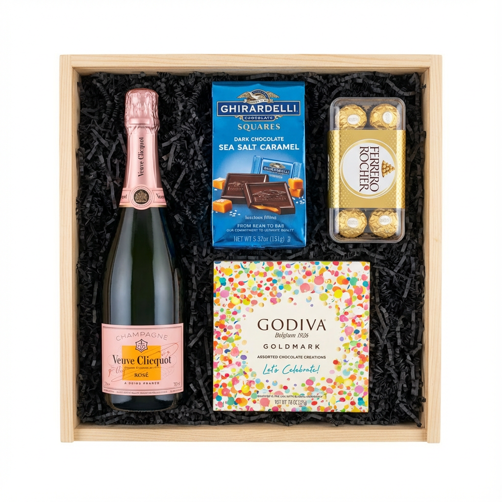 Veuve Clicquot Rosé Brut Champagne gift crate with Ghirardelli Dark Chocolate Sea Salt Caramel squares, Godiva Let&