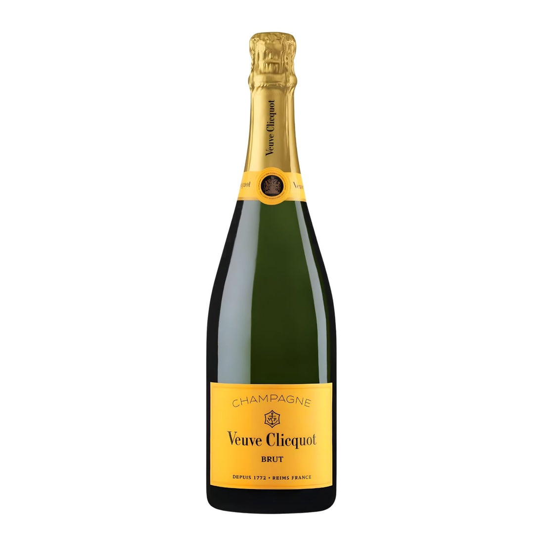 Veuve Clicquot Yellow Label Brut Champagne 750ml bottle, golden yellow non-vintage Champagne with iconic yellow label from historic Veuve Clicquot house
