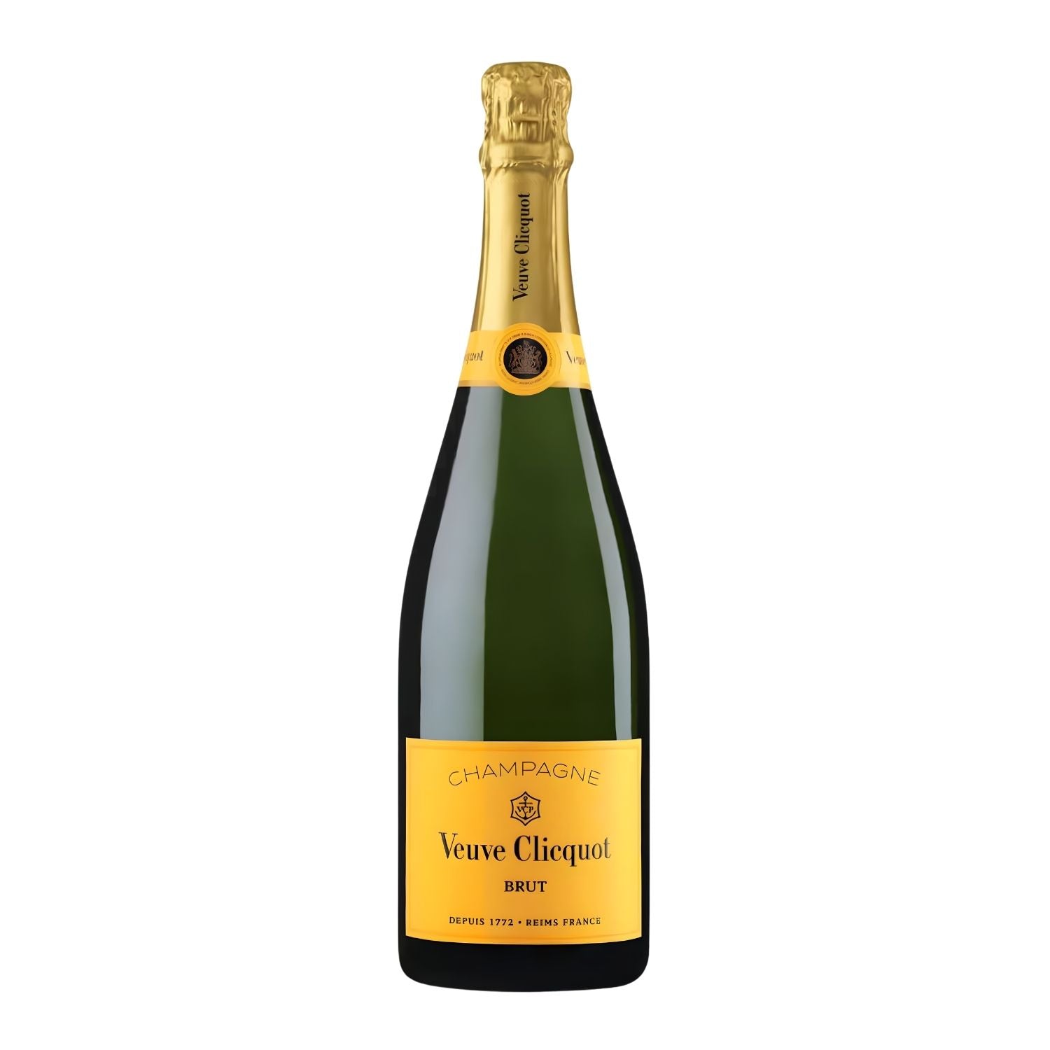 Veuve Clicquot Yellow Label Brut Champagne 750ml bottle, golden yellow non-vintage Champagne with iconic yellow label from historic Veuve Clicquot house