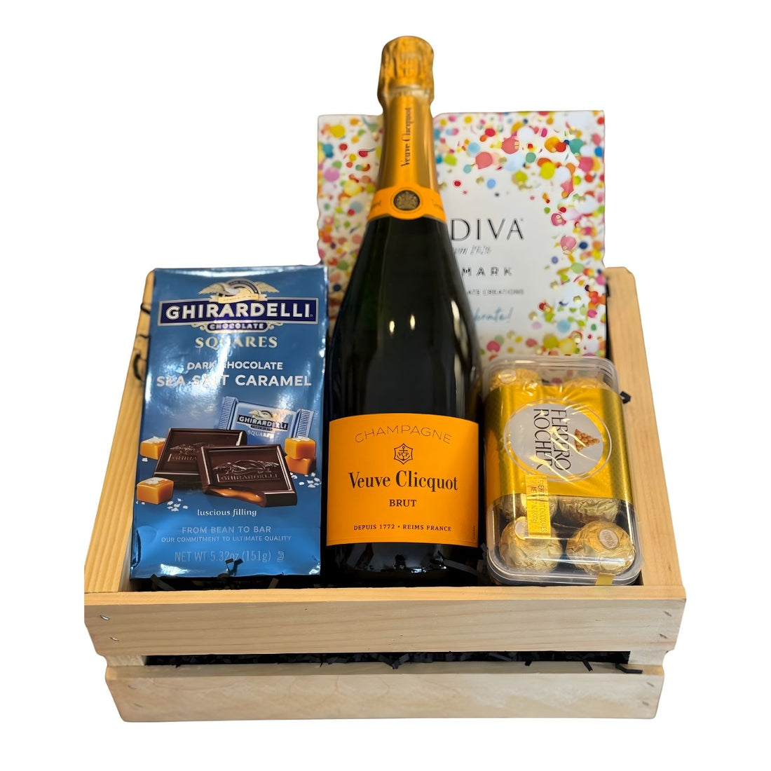 Veuve Clicquot Yellow Label Brut Champagne gift crate with Ghirardelli Sea Salt Caramel Squares, Godiva Let&