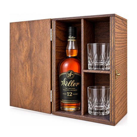 W.L. Weller 12 Year Bourbon Gift Set with Wooden Box & 2 Crystal Glasses – wooden gift box with 2 crystal glasses