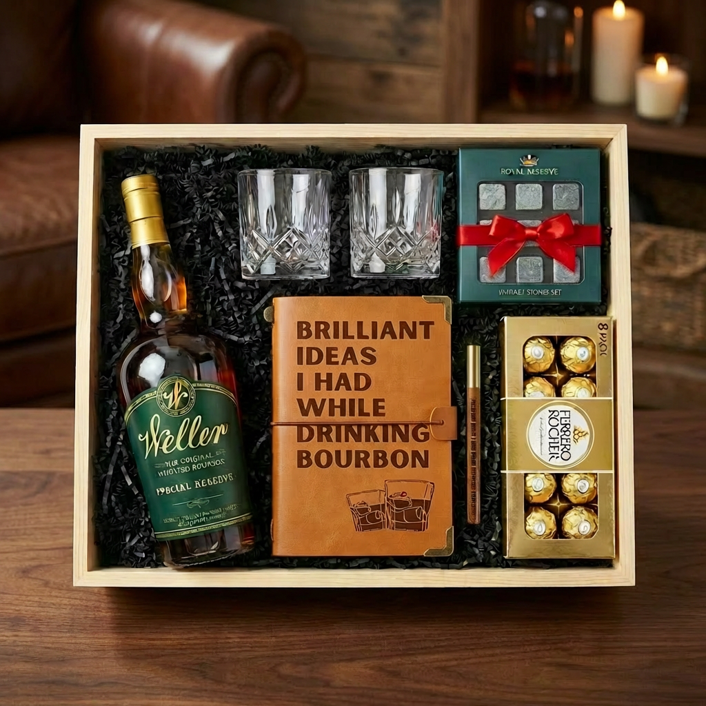 W.L. Weller Special Reserve Kentucky Straight Bourbon Whiskey gift crate with crystal cut rocks glasses, Royal Reserve whiskey stones set with red bow, tan leather "Brilliant Ideas I Had While Drinking Bourbon" journal with wooden barrel pen, and Ferrero Rocher chocolates displayed on walnut table with warm home bar lighting and natural angled perspective